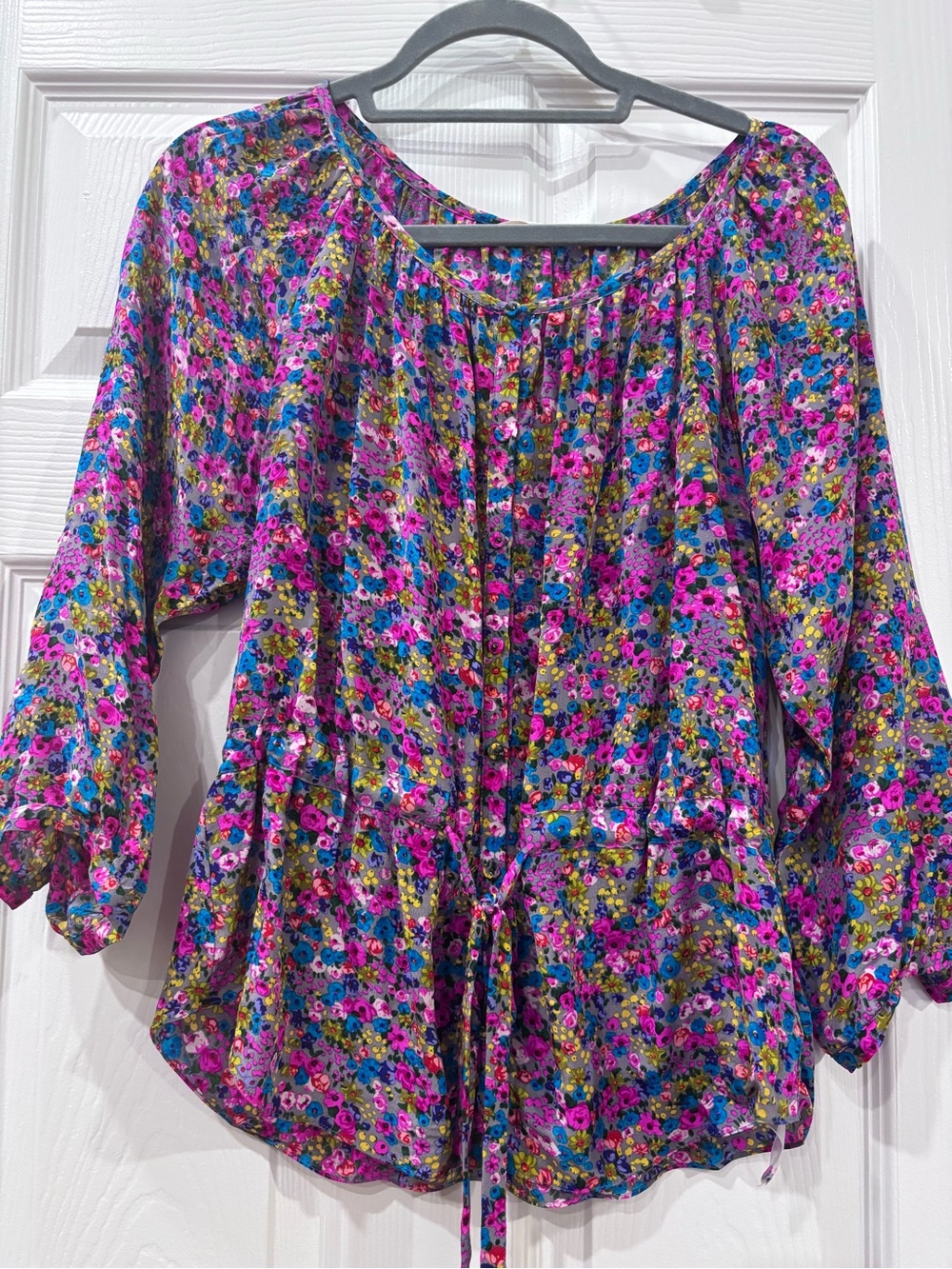 Rebecca Taylor Floral Drawstring Peasant Top in Fuchsia and Blue